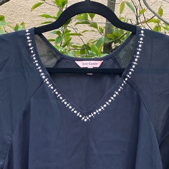 Juicy Couture Black Cold Shoulder Blouse w/Silver Detail. Size Large. EUC! - Picture 3 of 5